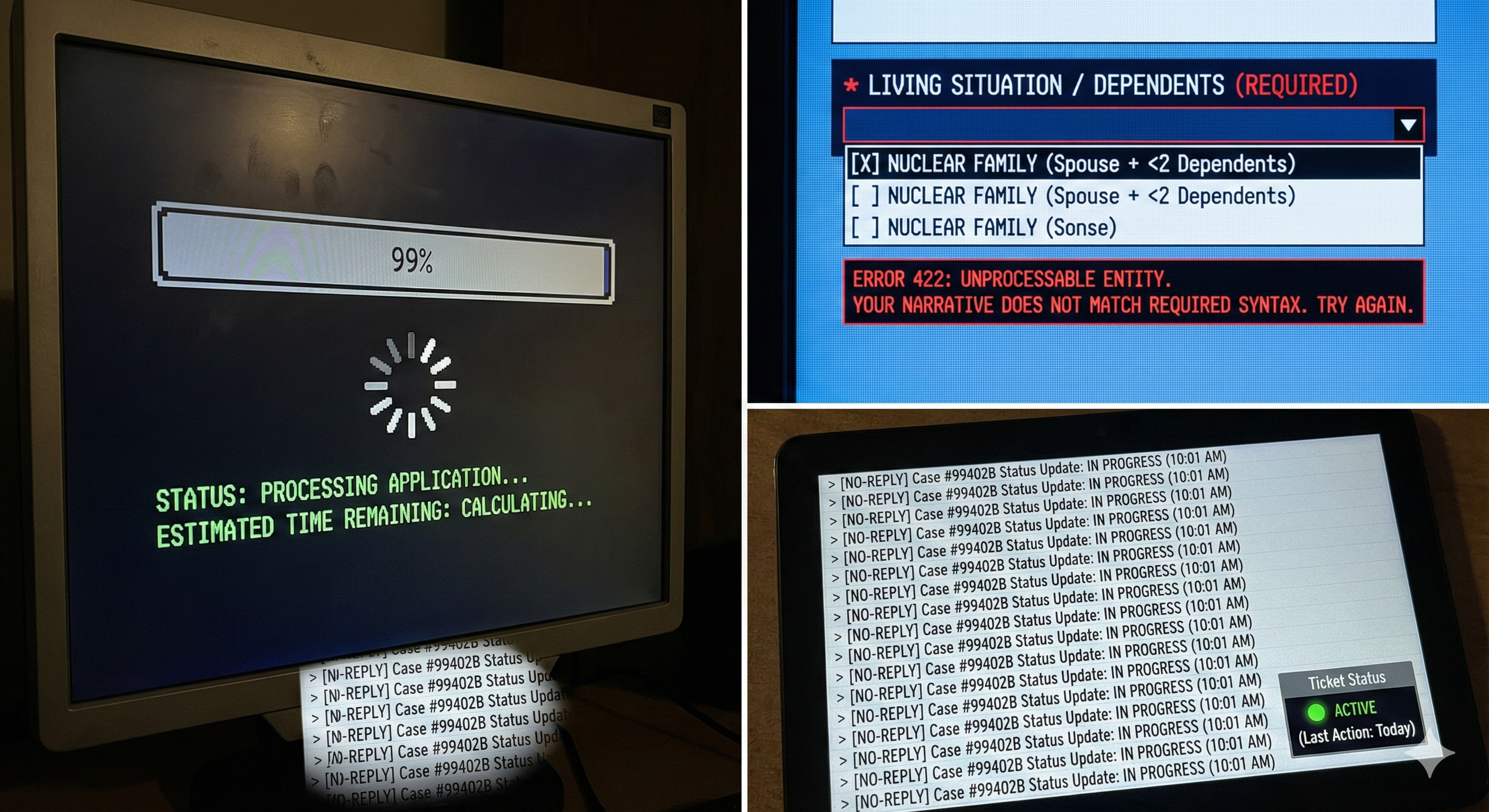 A triptych visualizing the “Politics of Non-Decision” within modern digital bureaucracy. The leftmost image depicts the weaponized loading screen, where “pending” is a permanent state of governance, not a temporary pause. The top-right shows how rigid digital forms and schemas act as gatekeepers, marking complex human lives as “unprocessable” entities. The bottom-right illustrates the system’s “plausible deniability,” using a flood of automated noise and status updates to mask a complete lack of actual progress or human judgment. Together, these interfaces show how authority has shifted from a human decision-maker to the indifferent architecture of the screen.