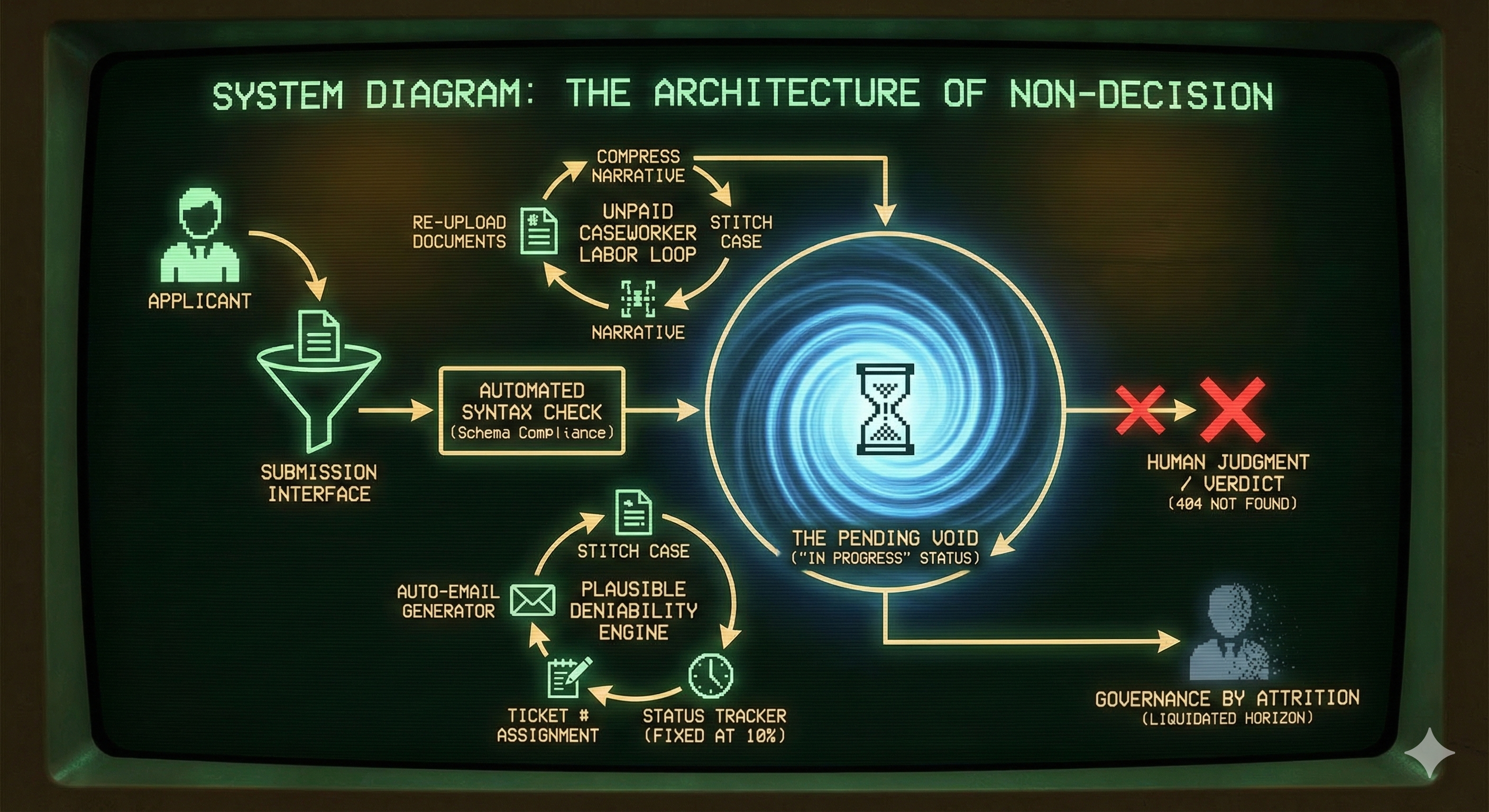 A retro-futuristic infographic displayed on a glowing green CRT monitor with scan lines, titled "SYSTEM DIAGRAM: THE ARCHITECTURE OF NON-DECISION." The diagram shows a flowchart where an "APPLICANT" icon submits documents through a "SUBMISSION INTERFACE" and an "AUTOMATED SYNTAX CHECK." This leads to a central, swirling blue vortex labeled "THE PENDING VOID (