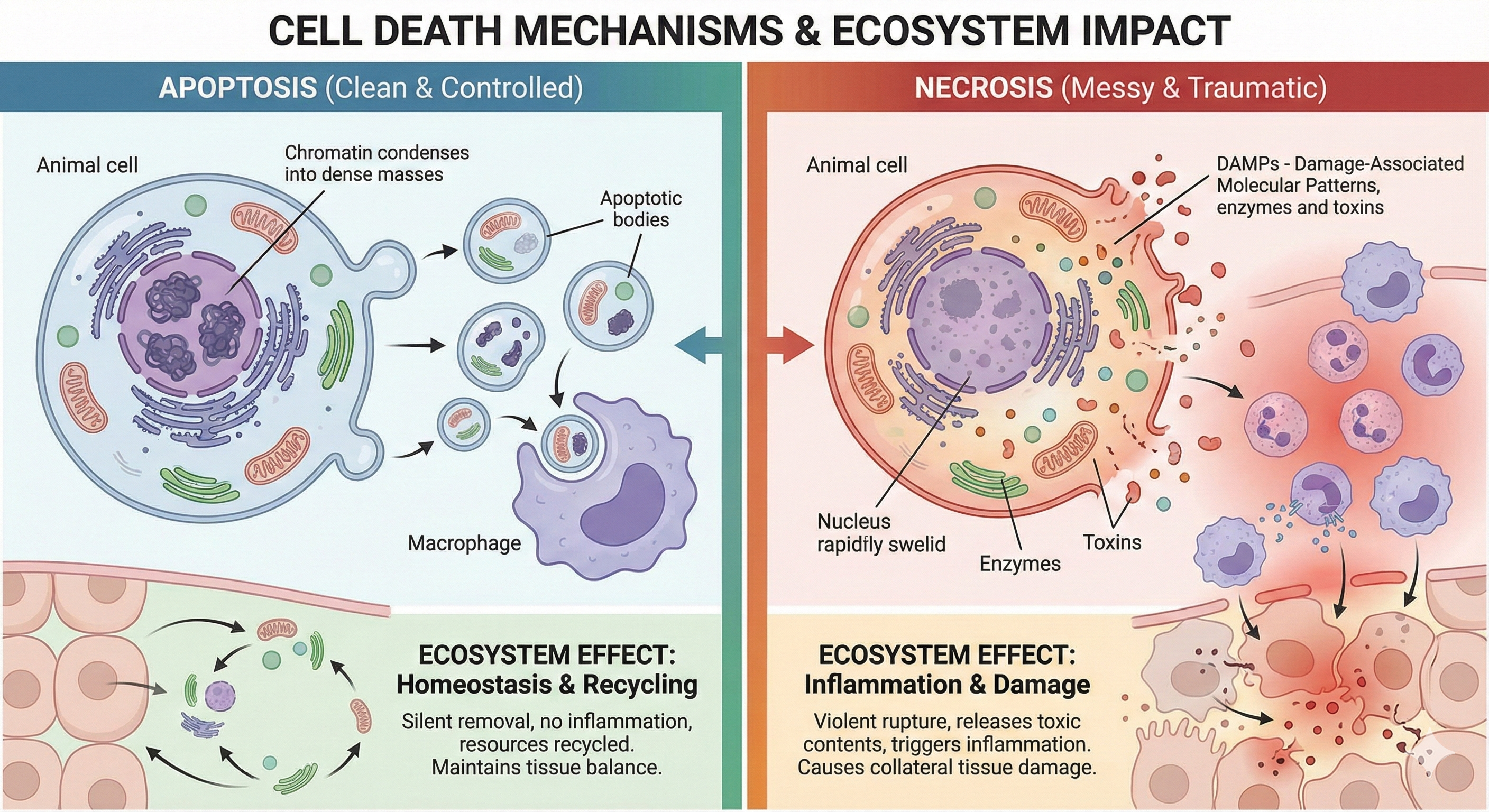 “Diagram comparing apoptosis (clean, controlled cell death) with necrosis (messy, inflammatory cell death), used as a metaphor for institutional endings.”